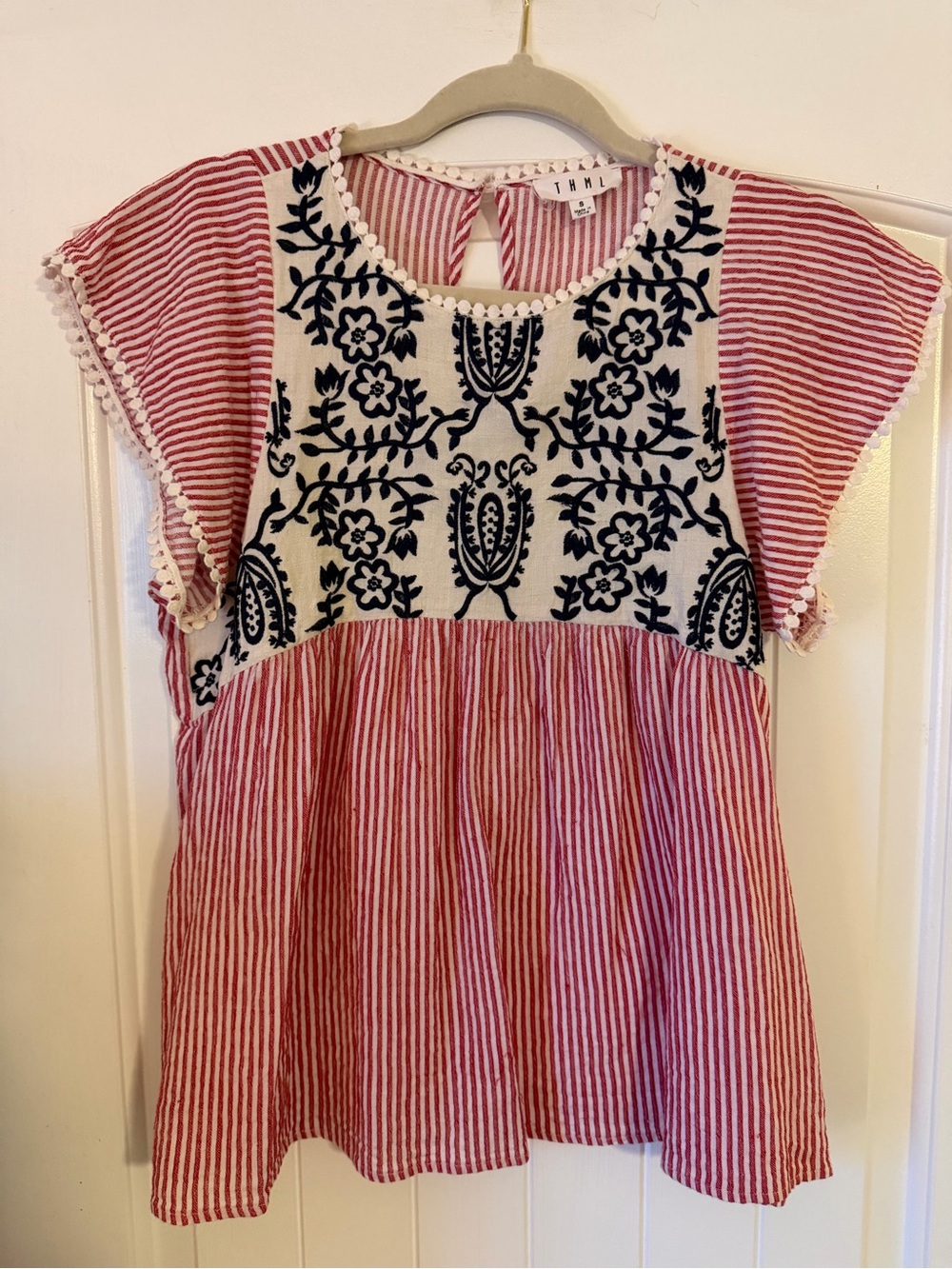 THML Red and White Striped Top with Navy Embroidered Yoke - Picture 1 of 3